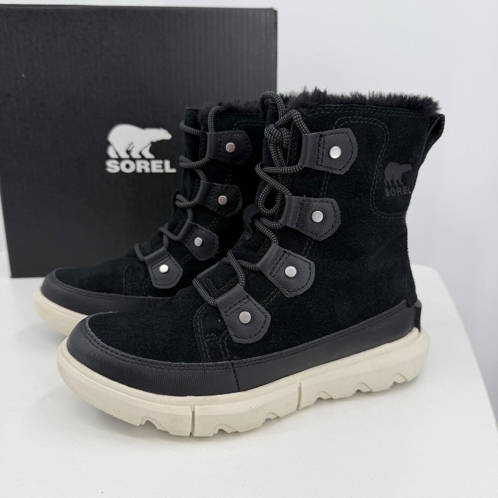 Sorel Women's Explorer 2 Joan Boots sz 5 Waterproof Faux Fur Black Lace-up Snow